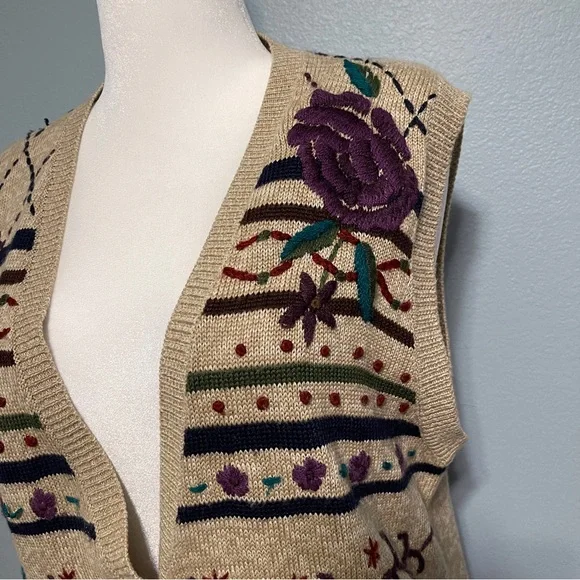 Napa Valley Tan Floral Embroidered Knit Sweater Vest Boho Grannycore Indie Large - Picture 5 of 10